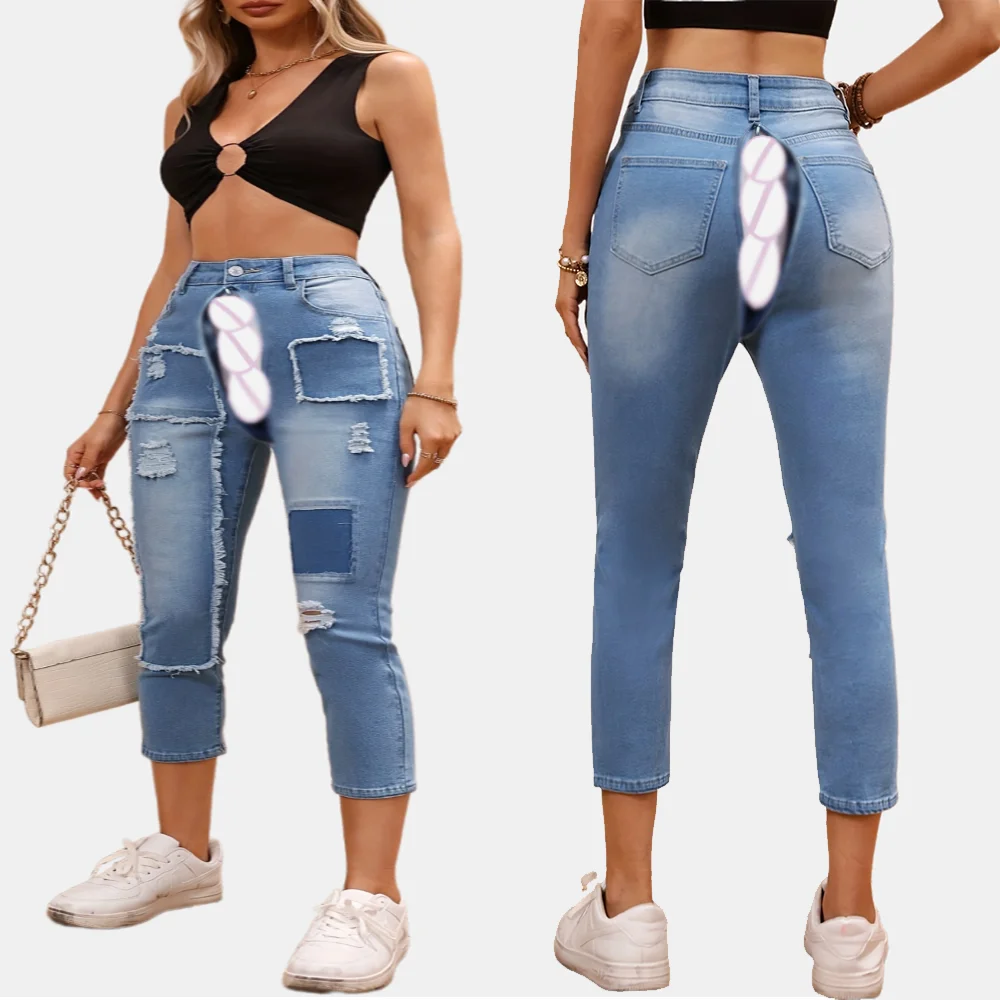 

Vintage Boyfriend Jeans Women Open Crotch Erotic Pants High Waist Ripped Denim Casual Trousers Baggy Streetwear Cargo Hotpants