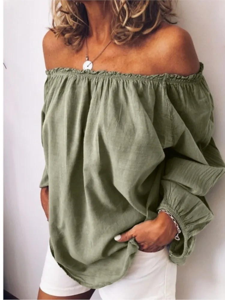 Spring Autumn Off-shoulder Long Sleeved Solid Blouse Loose Top Women's Casual One Neckline Pleated Elastic Lady's Shirt Tops