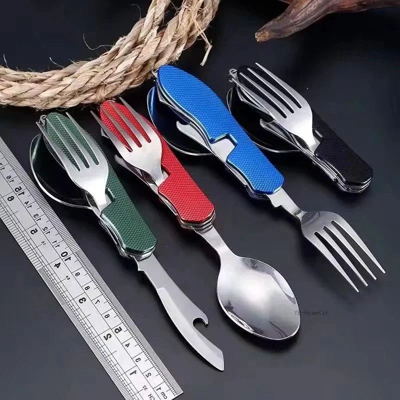 

Outdoor travel multifunctional stainless steel cutlery knife, fork and spoon in one foldable portable camping combination tool