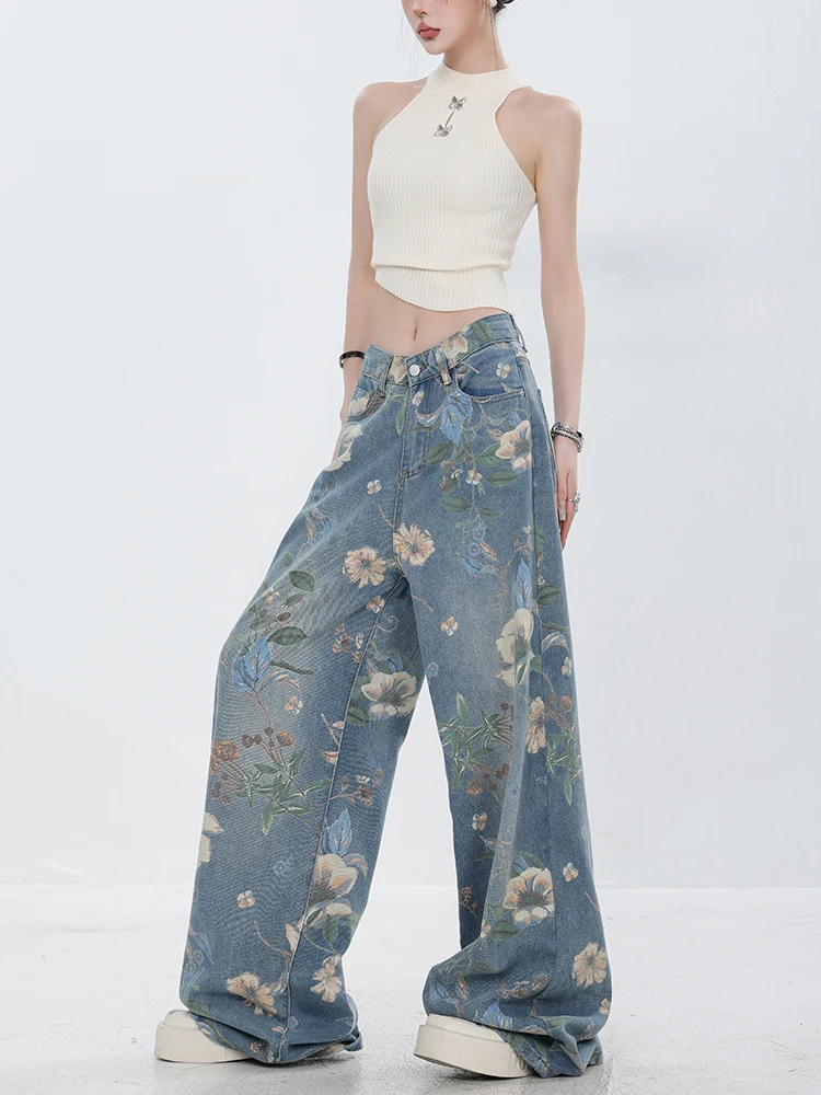 Fashion Printed Jeans 2024 Retro Floral Denim Mopping Trousers Korean Style High Street Loose Hip Hop Wide-leg Jean Pants