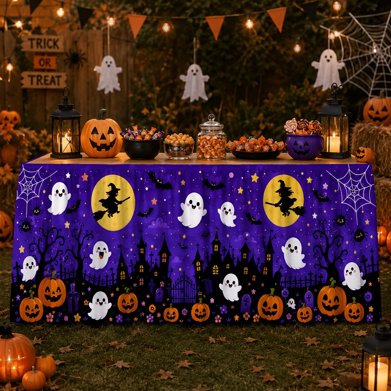One tablecloth or table skirt. Cute purple night Halloween table skirt. Witch silhouette. Ghost lantern. Pumpkin. Ghost house.