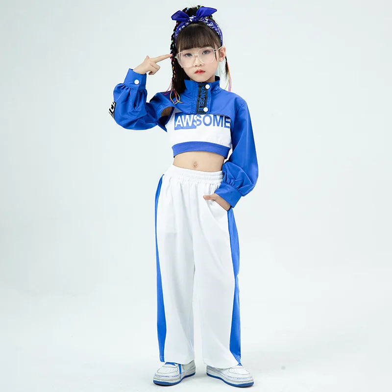 Hip Hop Girls Crop Jacket Solid Cargo Pants Clothes Set Kids Jazz T-shirt Street Dance Contrast Joggers Child Streetwear Outfits