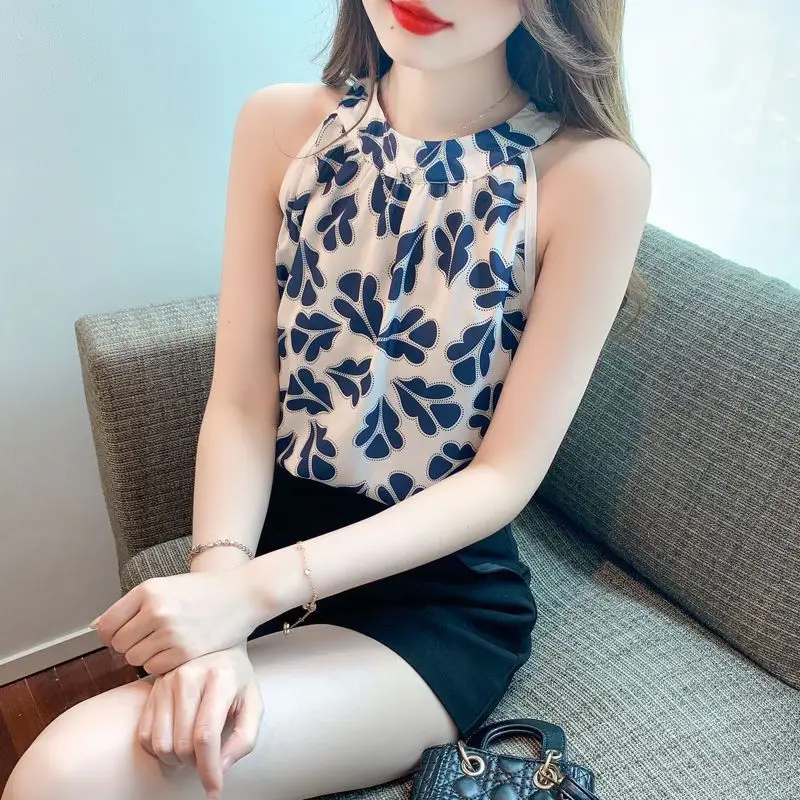 Summer New Floral Chiffon Shirt Fashion Elegant Youthful Wind Sleeveless Shirt Original Design Casual Vintage Slim Women\'s Top