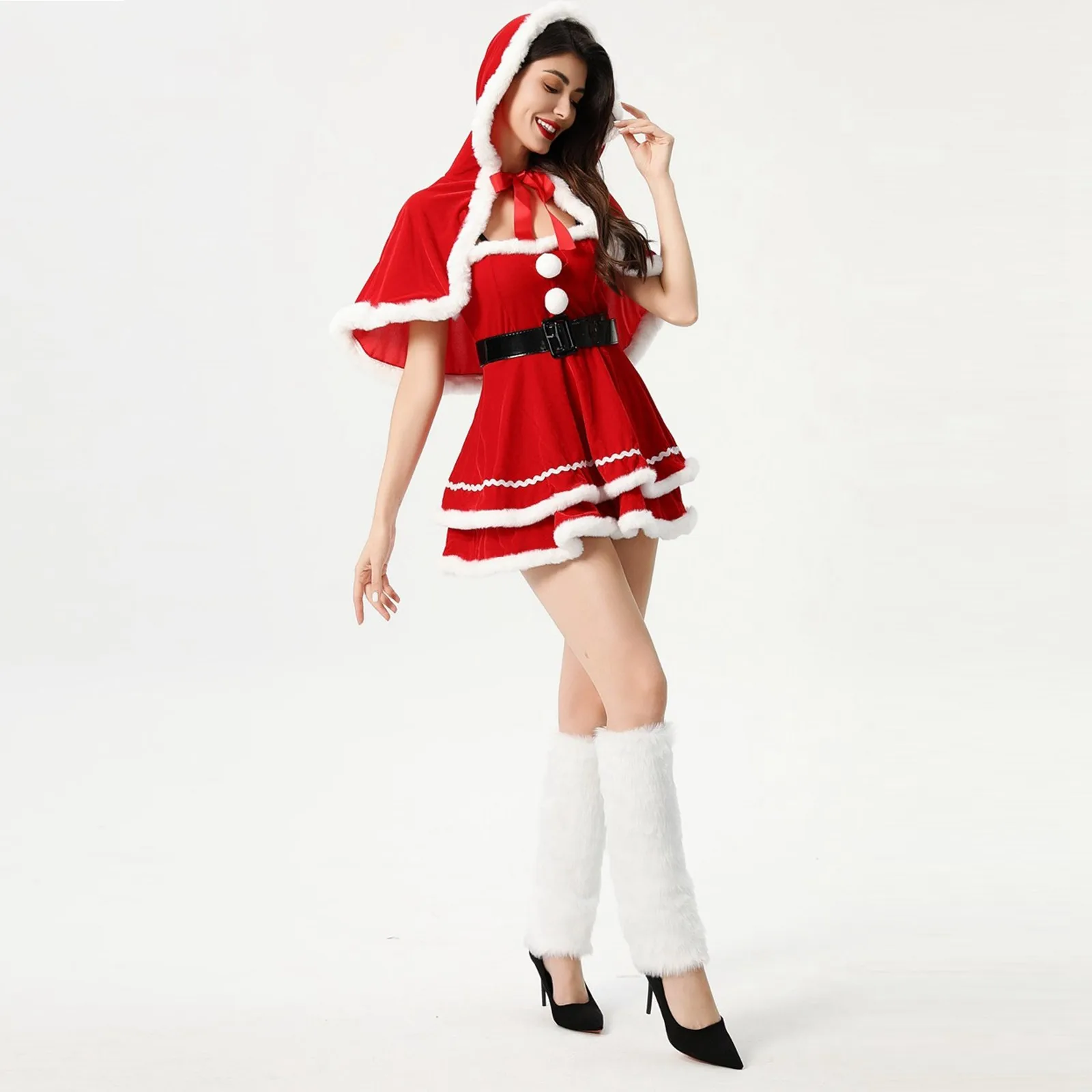 New Years Christmas Costumes Dress For Women Fancy Geen Red Dress With Shawl Belt Sexy Party Cosplay Clothes No Foot Covers