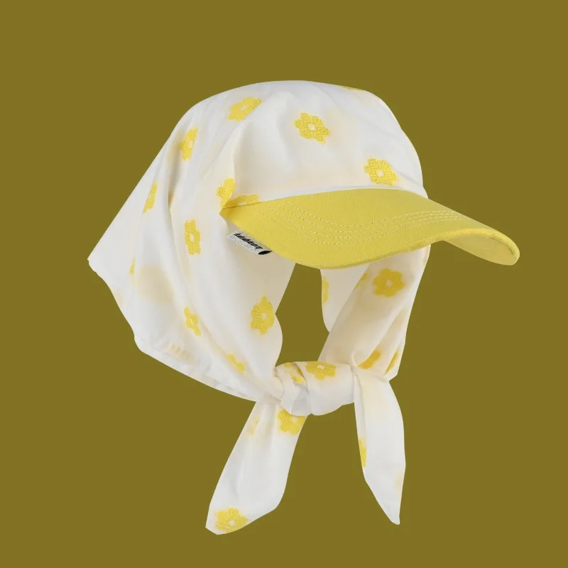 Fresh Pastoral Style Cute Flowers Embroidered Headscarf Caps for Women Summer Travel Sun Protection Personalized Strap Sun Hat