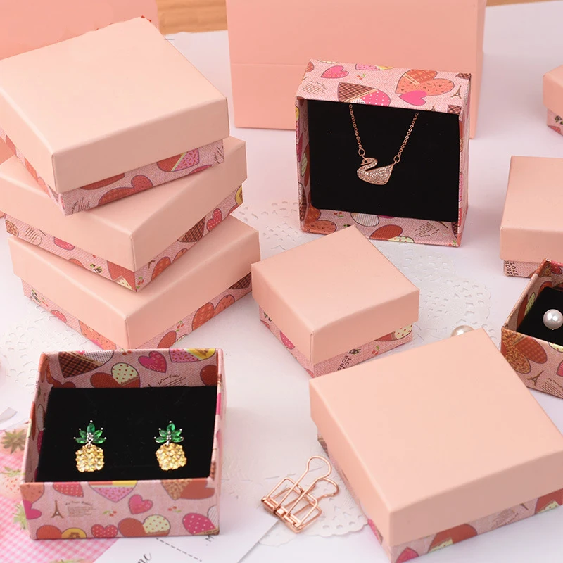 Pink Kraft Paper Jewelry Storage Box Bracelet Necklace Ring Earring Boxes Handmde Wedding Gift Packaging Box Jewelry Display Box