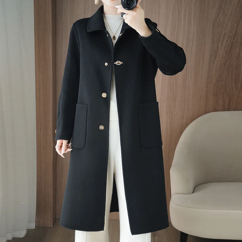 Manteau Long en laine Pure 100% pour femme, ample, Double face, décontracté, grande poche, couleur unie, vêtements pour femmes, automne et hiver