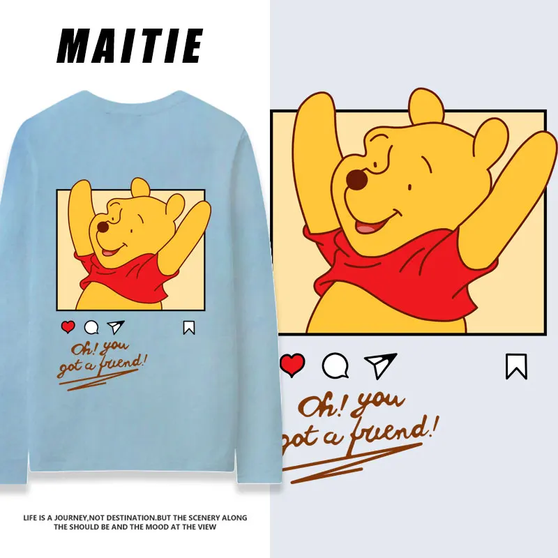 

Disney Winnie Bear and Piggy Couple Wear Autumn Pure Cotton Long sleeved T-shirt Women's Instagram Fashion Anime Clothing Trend