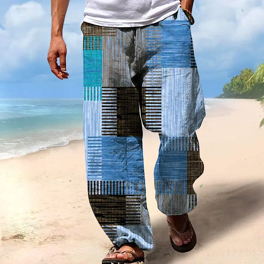 2024 Summer New Product Block Multi Color Splicing Printed Men\'s Straight Pants Loose Sports and Casual New Style