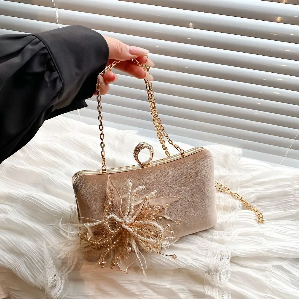 

French Rhinestone Evening Banquet Bag Flower Pearl Box Handbag Make Up Storage Phone Pouch Chain Crossbody Bag Women