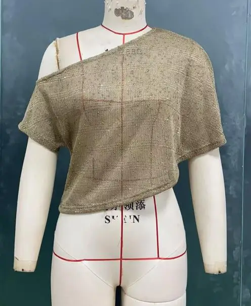 

2025 Summer Women's Loose T-Shirt with Sloping Shoulders Short Message Sequins Semi-Transparent Pullover Top for Women