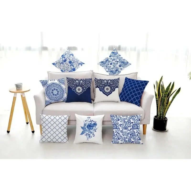 Office Living Room Home Pillowcase Blue and White Porcelain Printed Pillowcase Car Ornaments