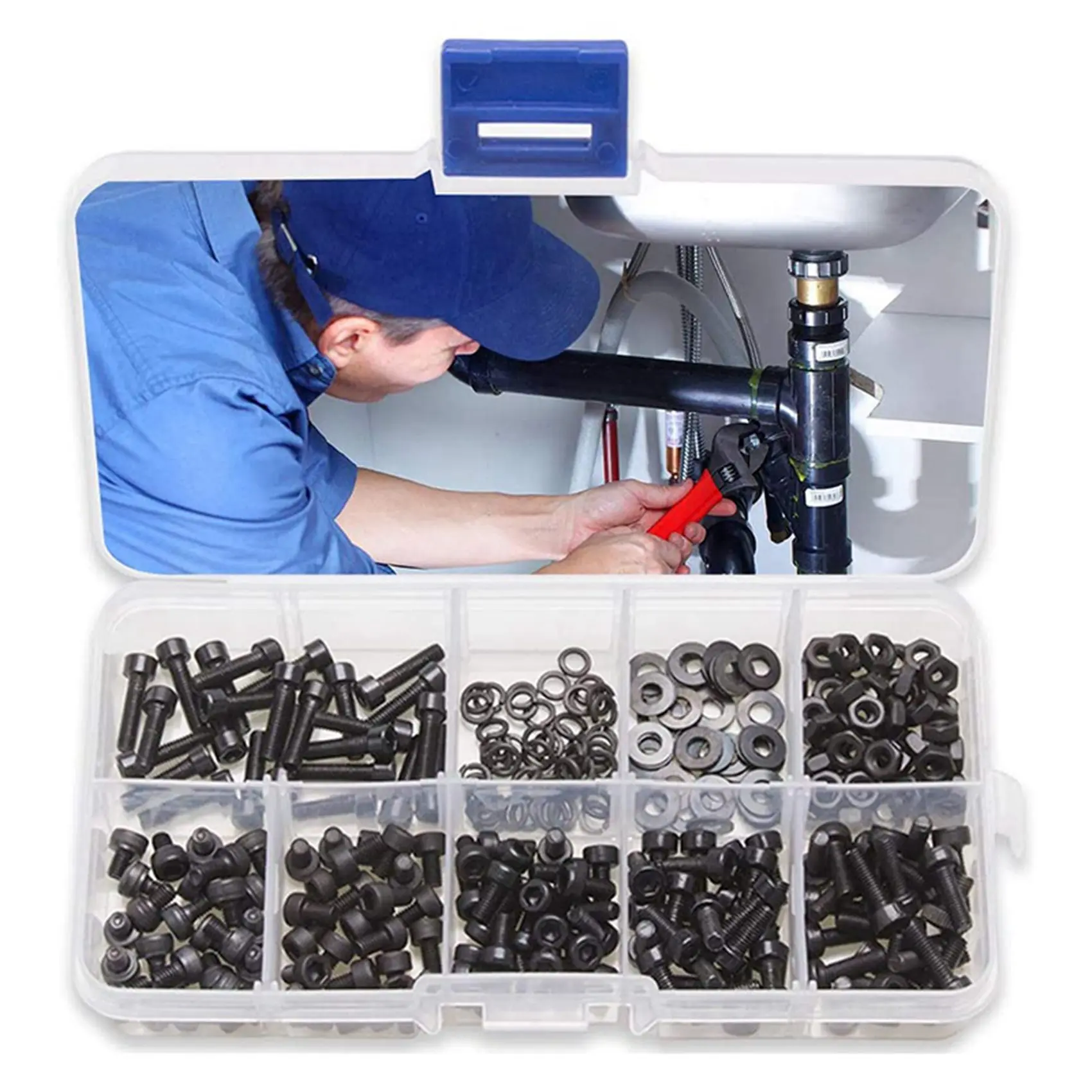 ชุดน็อตและสลักเกลียว AB42-600 ชิ้น ชุดน็อตหกเหลี่ยม น็อต แหวนรอง และสกรู ชุดเครื่องมือ M3 พร้อมกล่องพลาสติก (สีดำ)