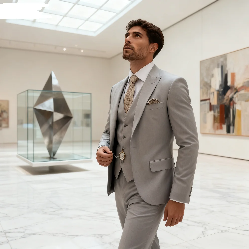 

Elegante Men's Grey Slim Fit Tuxedo 3-Piece Smoking Suit with Peak Lapel Blazer Vest Pants for Wedding Party