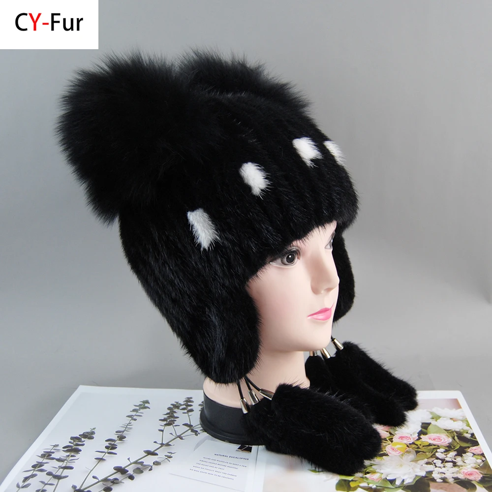 Hats For Women Natural Mink Fur Tails Earflap Winter Bomber Hat Women Real Fur Knitted Beanie Hat