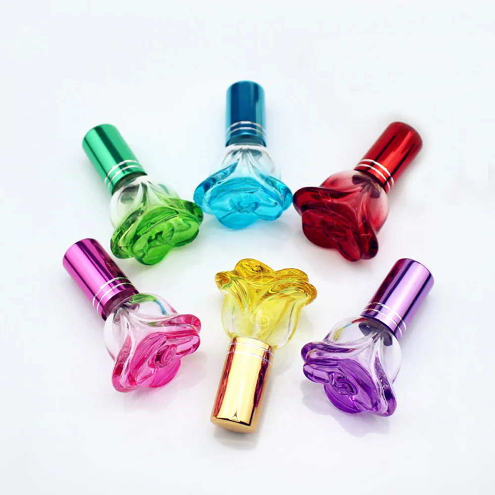 3 ピース/パック 6 ミリリットルカラフルなバラの形の空のガラス香水瓶少量サンプルポータブル香水詰め替え香り噴霧器ボトル