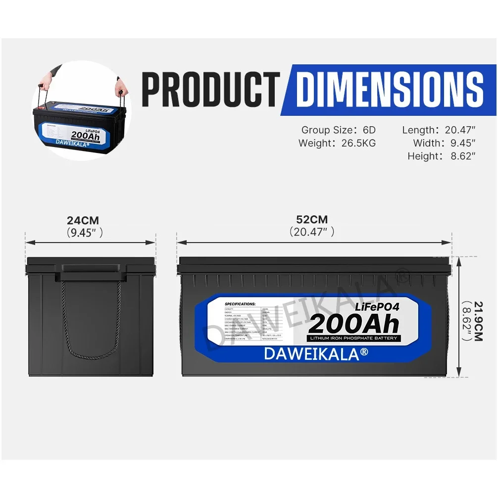 12V 200Ah LiFePO4 Battery Lithium Iron Phosphate Battery Built-in BMS for Solar Power System RV House Trolling Motor