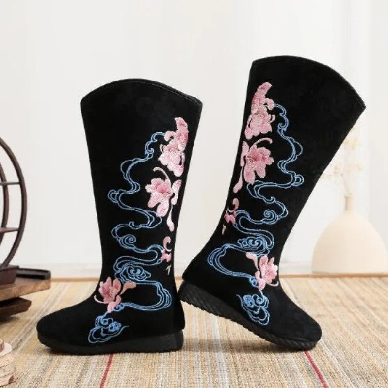 Women Round Toe Embroidered Winter Long Boots Chinese Ethnic Style Side Zip Mid-Calf Booties Ladies Autumn Spring Fashion Boot