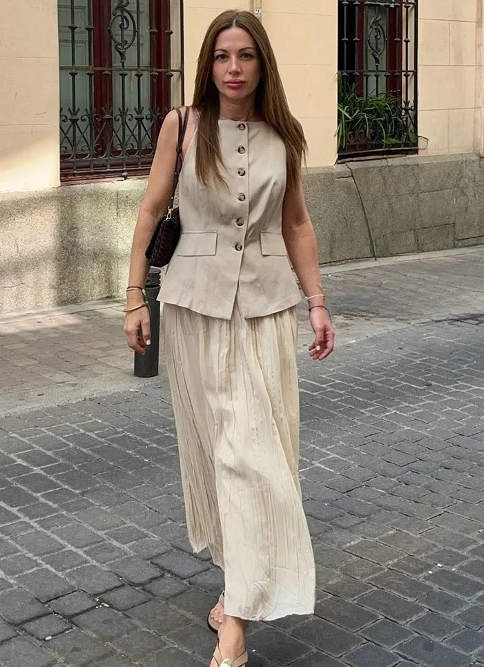 

Новые поступления, женская одежда, однобортная маленькая плиссированная юбка, жилет миди, платье