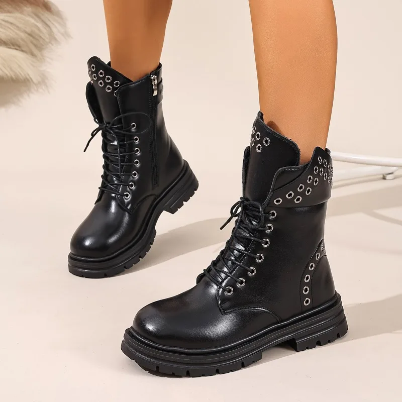 Block Heel Non-Slip Booties Women's Fashion Versatile Casual Studded Lace-Up Platform Leather Shoes