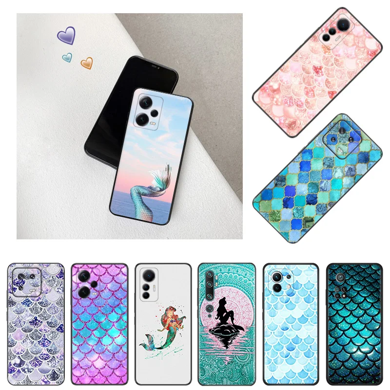 Mermaid Colourful Shiny Scales Phone Case for Xiaomi 12 Pro 12x 12t 13 Redmi Note13 13c 12s 12c Note12 Shell Black Cases Cover