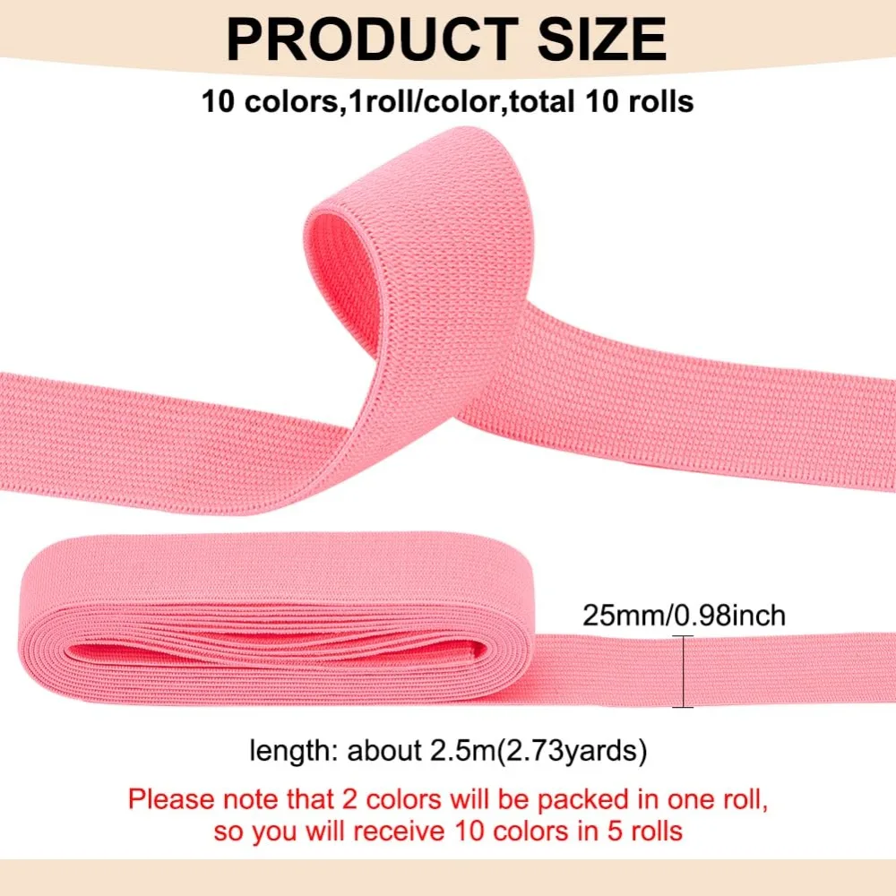 27.34 Yard 10 Colors Ribbon Elastic, 1inch Wide High Elasticity Craft Sewing Band Red Tone Trim Flat Elastic Band for Hair Ties