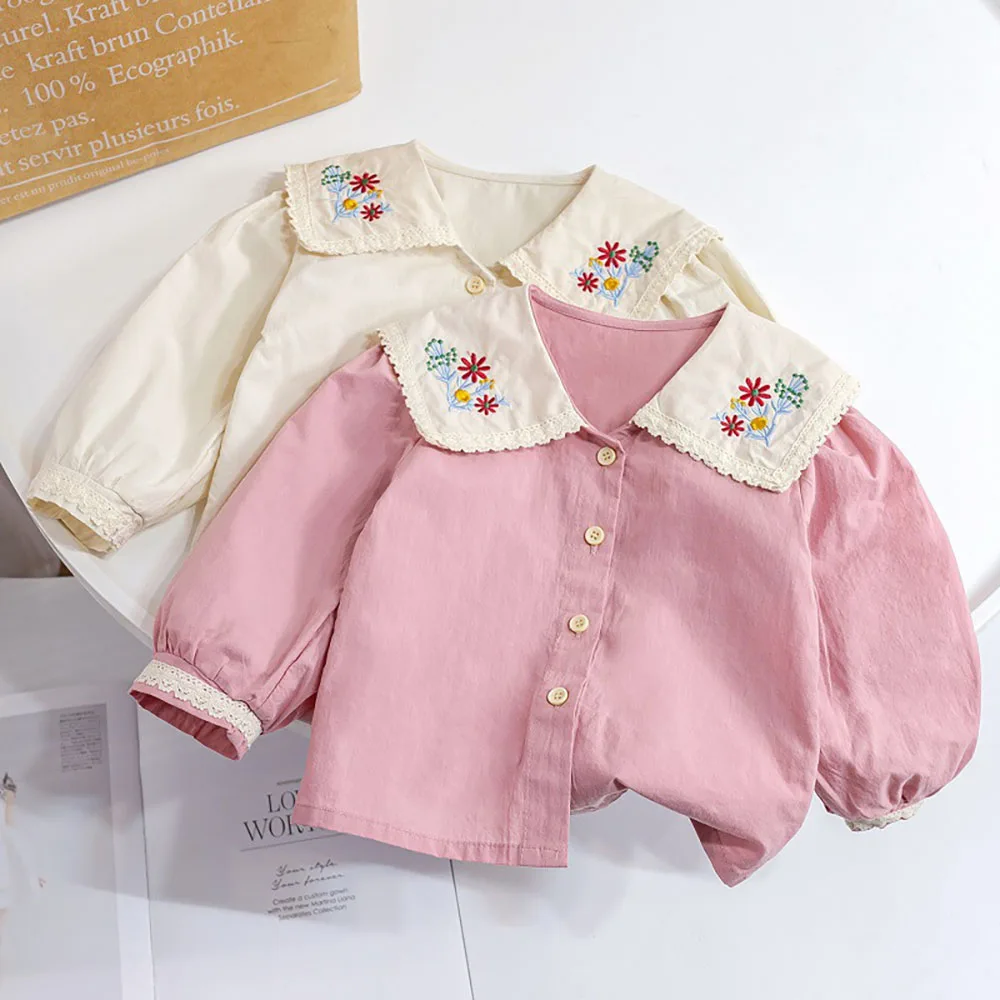 Kids Girls Blouse Floral Embroidery Peter Pan Collar Shirts Spring Long Sleeve Single-Breasted Shirt Tops Children Clothes 1-6Y