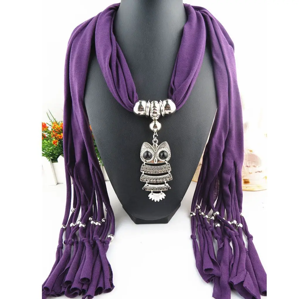 Woman\'s Classic Owl Pendant Jewelry Scarf Necklace Scarf Fringed Long Scarf