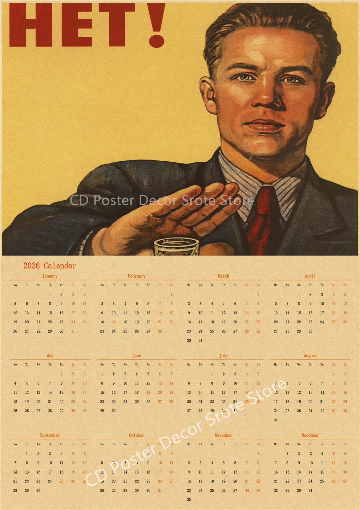 USSR CCCP 2026 Calendar Poster Celebrity Aesthetic Prints Posters Wall Art Retro Painting Home Room Cafe Club Dorm Wall Decor