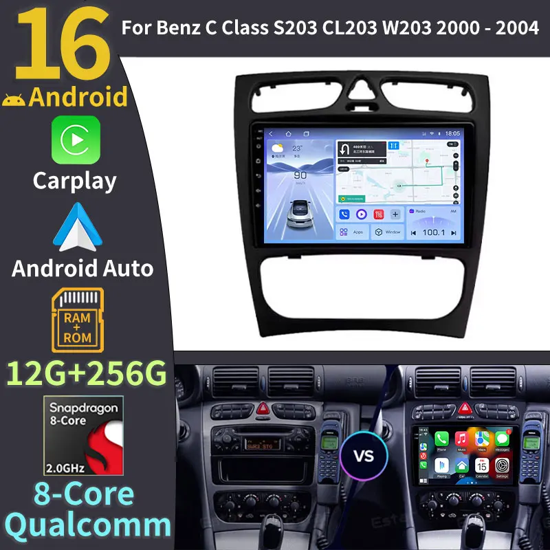Android 16 para Mercedes Benz Classe C, Classe CLK S203 W203 W209 A209 2000-2005, Reprodutor de Vídeo Multimídia Automotivo com Carplay e WIFI
