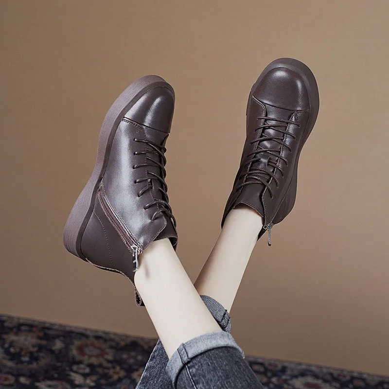 DRKANOL 2025 Fashion Women Flat Ankle Boots 100% Cow Genuine Leather Round Toe Autumn Winter Warm Casual Short Boots Black Brown - view 3