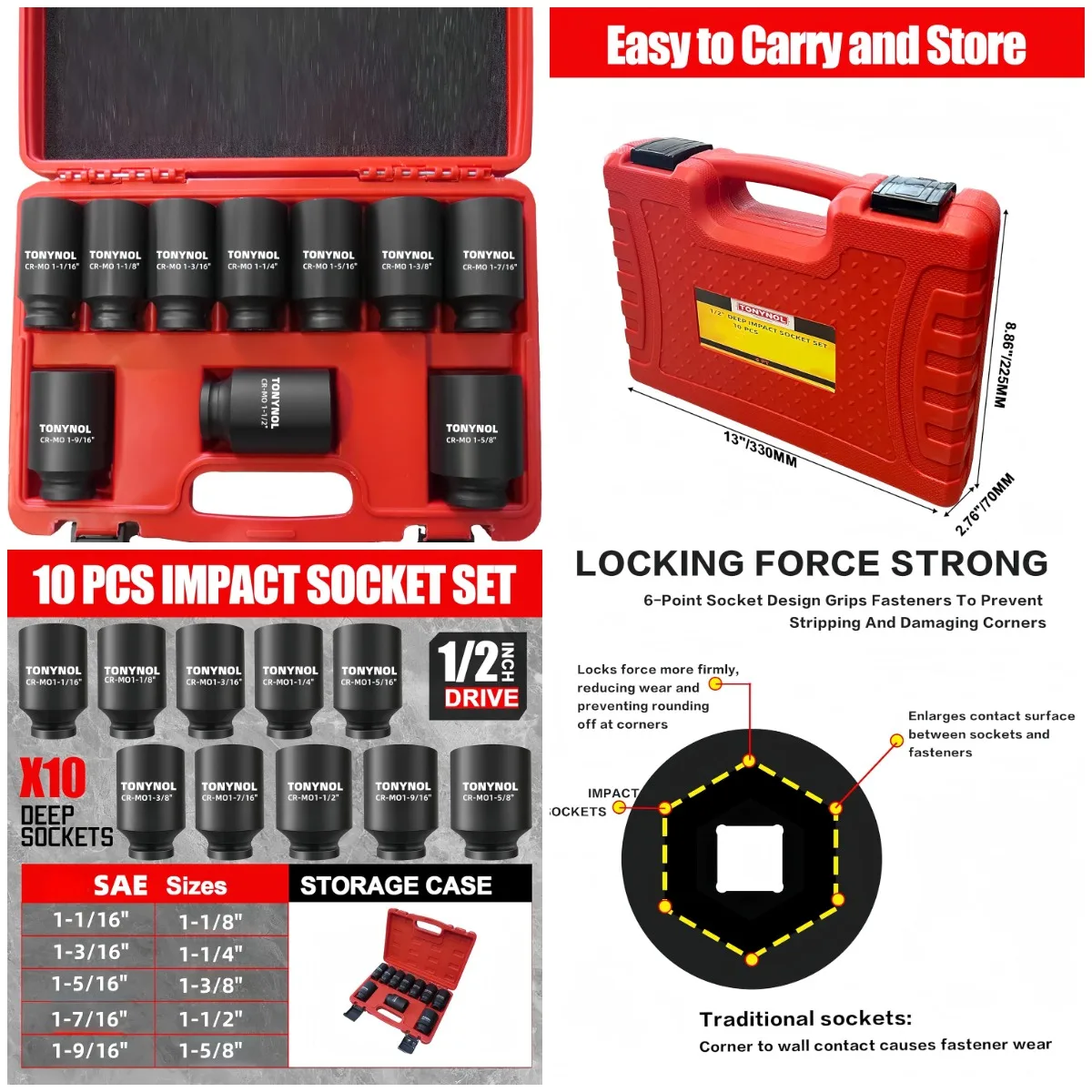 

1/2' Drive 6-Point SAE Impact Socket Set (1-1/16' to 1-5/8'), 10 PC Deep, Heavy Duty, with Storage Case