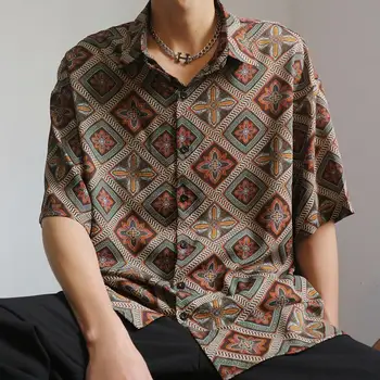 남성용 레트로 반팔 프린트 셔츠, 중국 스타일 쉬폰 얇은 셔츠, 중간 길이 대형 사이즈, 루즈 커플 에스닉 스타일
