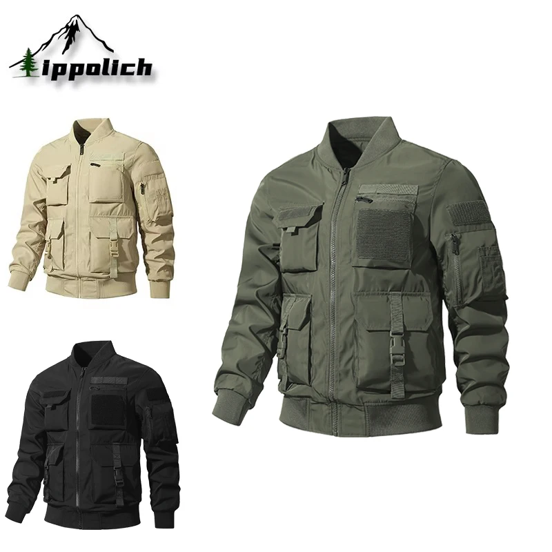 IPPOLICH Men's Jacket Solid Color Multi-Pockets Spring Autumn Tactical Jackets Men Casual Outerwear Fleece Winter Outdoor Coats