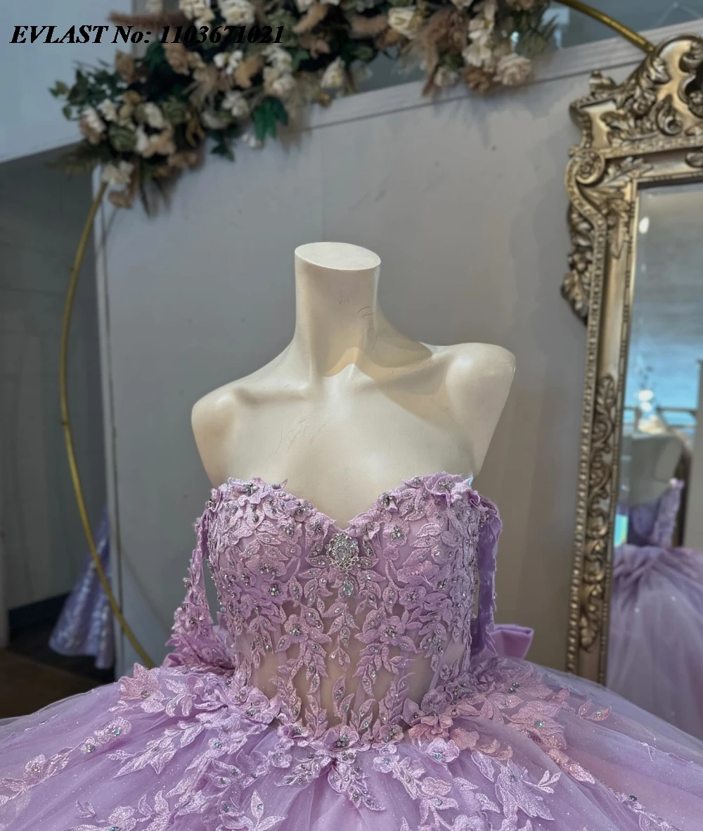 EVLAST-Robe de Rhviolette personnalisée, appliques en dentelle brillante, nœud perlé, corset, robe Sweet 16, SQ665