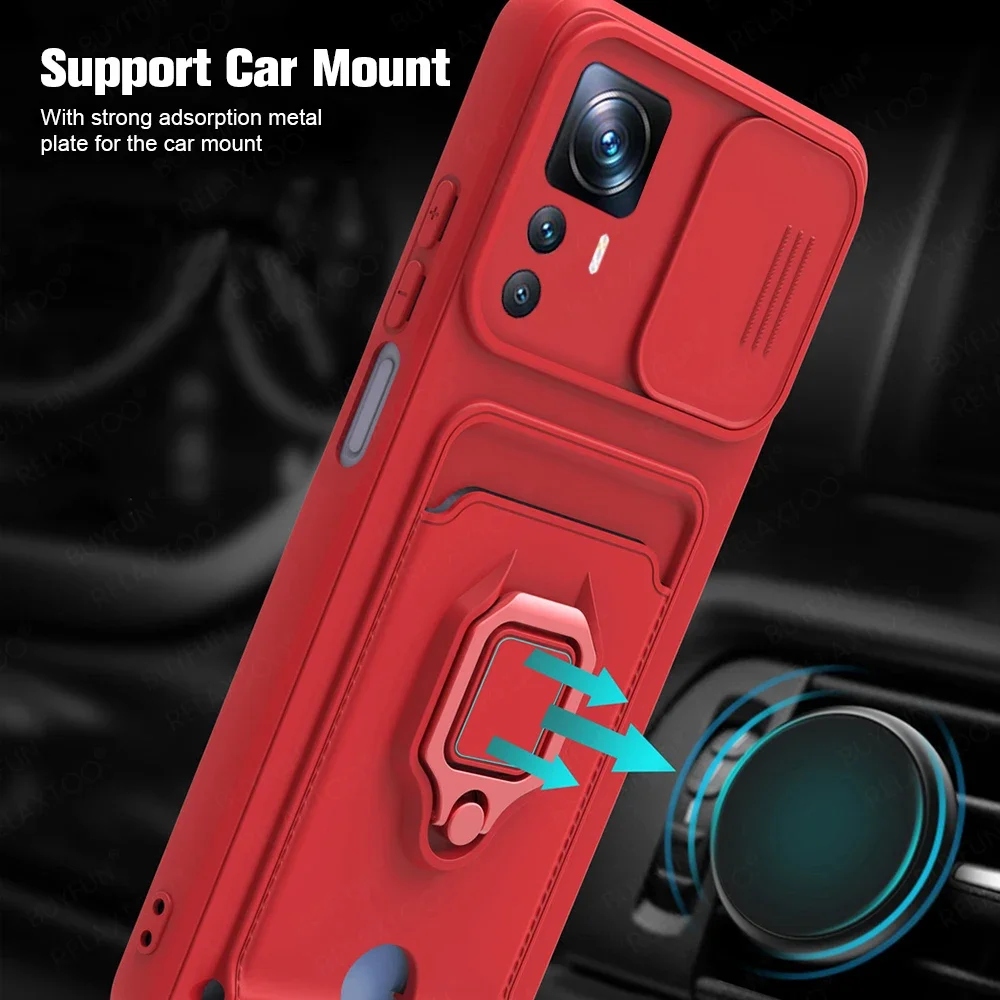 Push Camera Shockproof Silicone Case For Xiaomi 12T Pro 5G Mi 12TPro Xaomi 12 T T12 Car Magnetic Holder Card Wallet Cover Coque