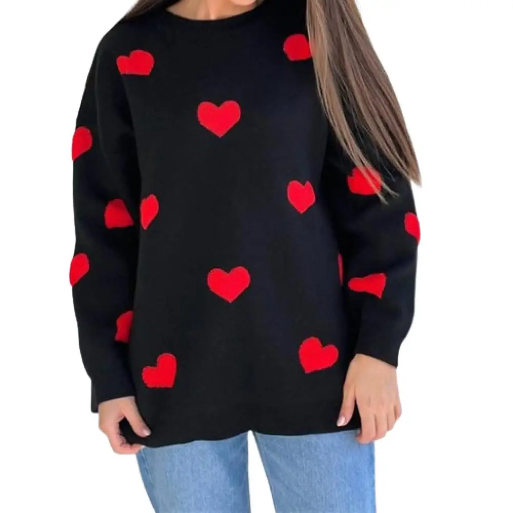 Blusa con bordado de amor para mujer, prendas de punto de manga larga con cuello redondo, Top holgado elegante, ropa Hipster de calle, Otoño, 2024