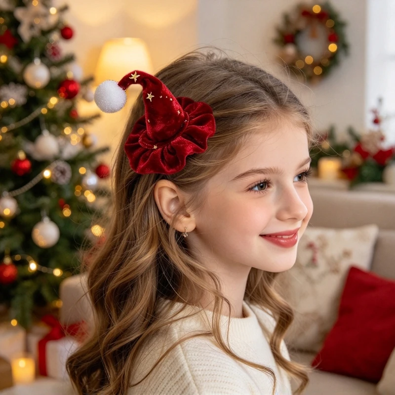 Red Hat Christmas Hair Clip with Gold-Tone Star Pattern, White Tip Ball and Ruffled Base for Holiday Parties, Gatherings Y08E