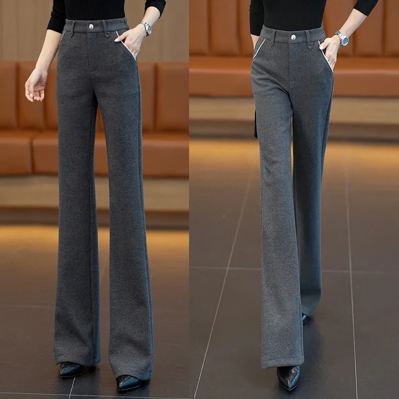 Elegant Commuting Woolen Flared Suit Pants for Women, Autumn and Winter New Fashion, High Waist Slimming Flared Pants Trend