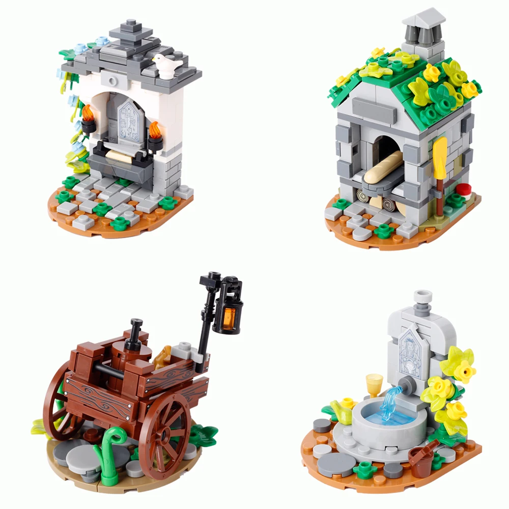 

MOC средневековые военные строительные блоки, солдаты, фигурки, аксессуары, фонтан Святого места, вид на улицу, армейские кирпичи, подарки, игрушки