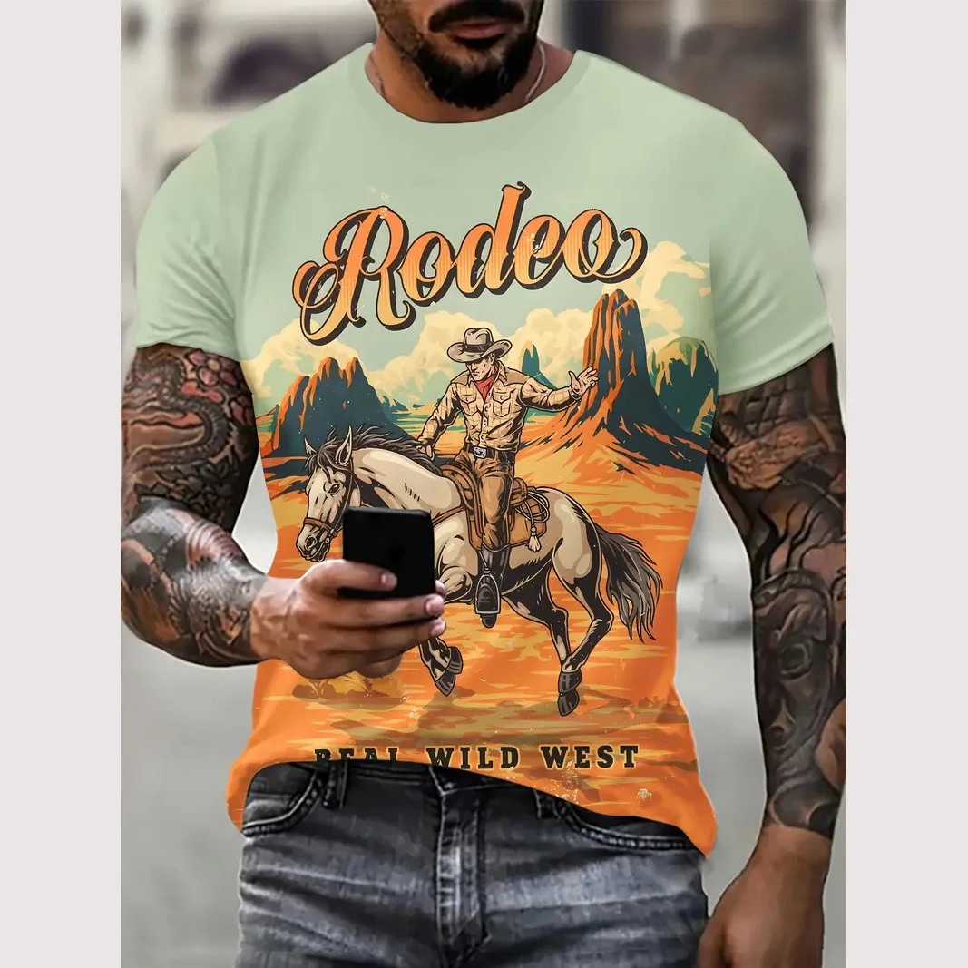 Vintage Cowboy Men's T Shirt Summer Casual Short Sleeve Fashion Streetwear Pattern Print Male Overszied Clothing O Neck Pullover