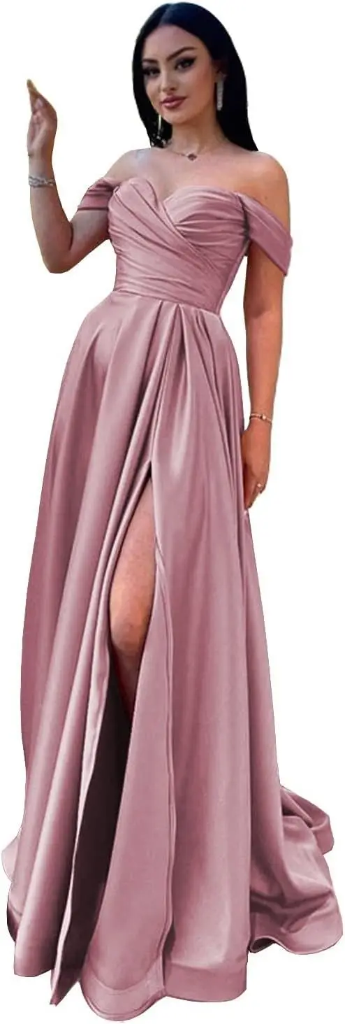 

Женские атласные платья подружки невесты с открытыми плечами для свадебного платья, выпускного вечера 2024, вечернее платье RYA401