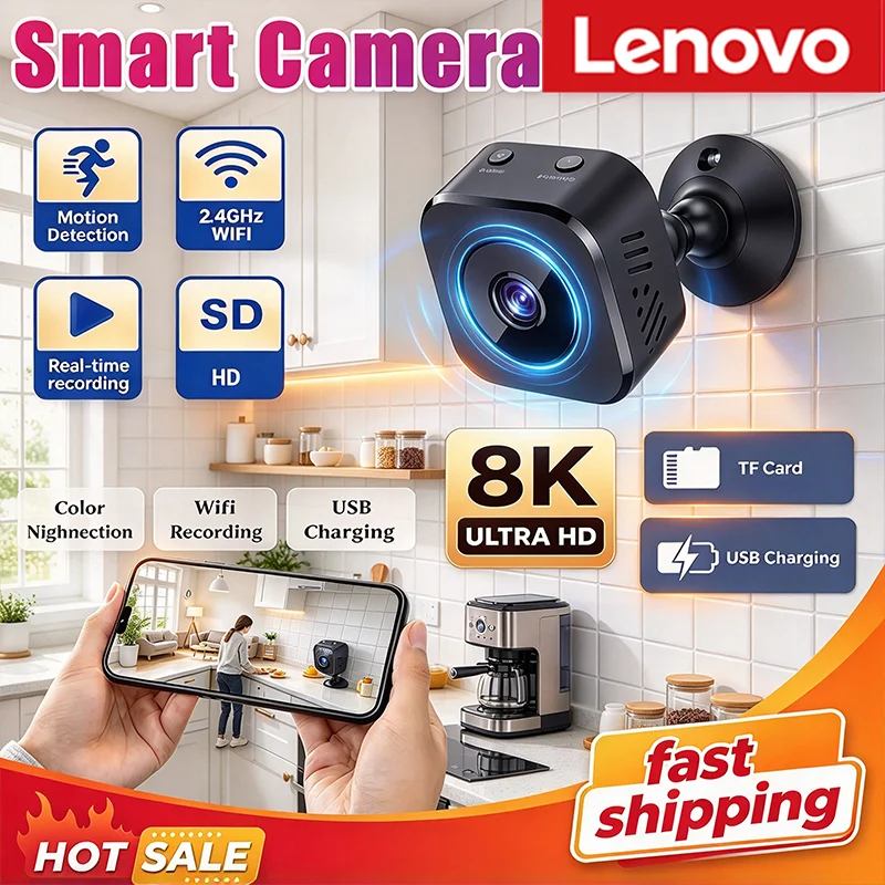 Lenovo WiFi Security Mini Camera Two-way Audio 8K HD Surveillance Motion Detection Infrared Full Night Vision Nanny Monitor Home