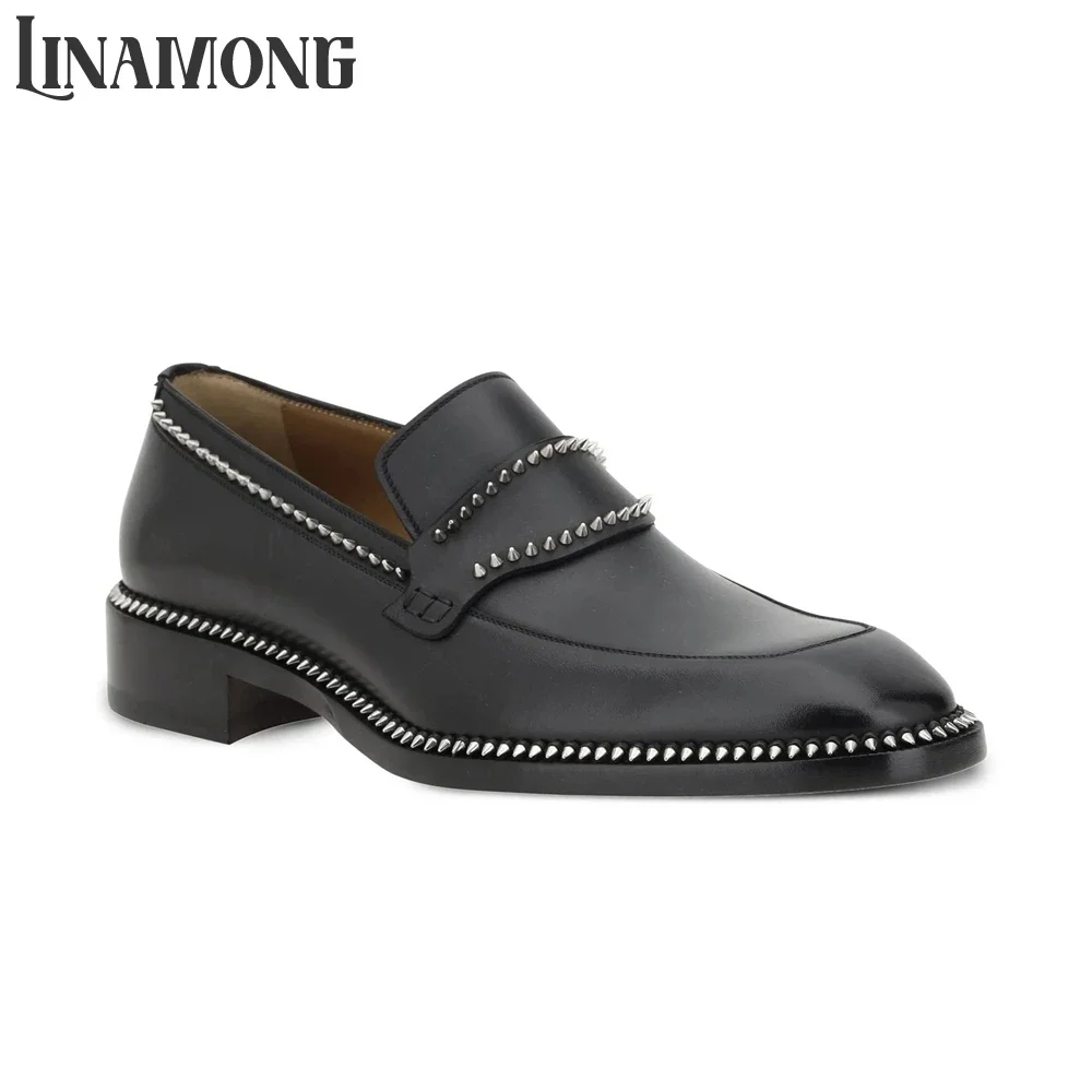Black Spike Loafers Almond Toe Silver-Tone Studs Leather Shoes Designer Style Handmade Shoes for Men Almond Toe Slip-On Loafers