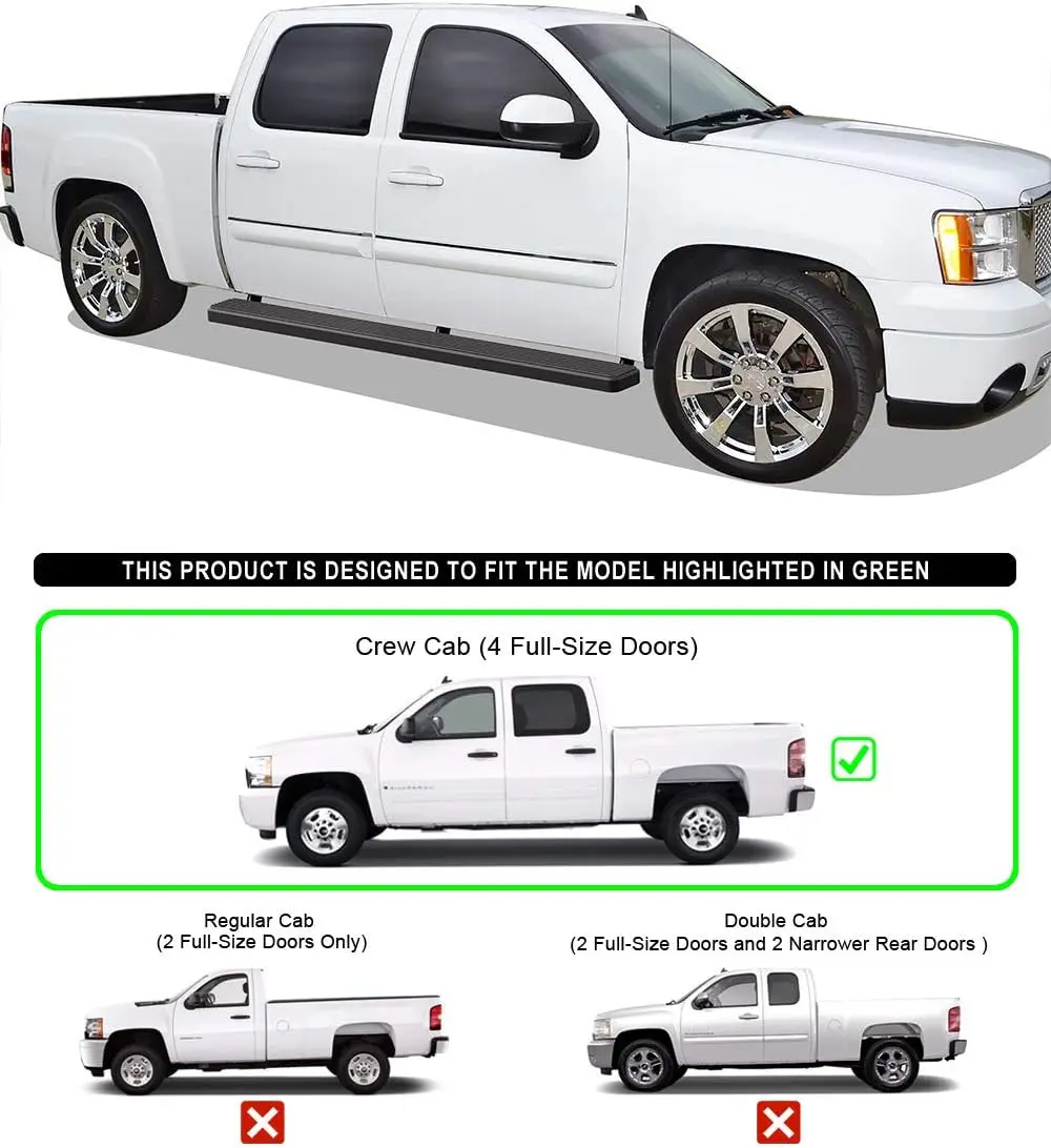 6in Stainless Steel Black Running Boards Compatible with Chevy Silverado GMC Sierra 1500 2001-2013 Crew Cab & 2500 3500 2001-201