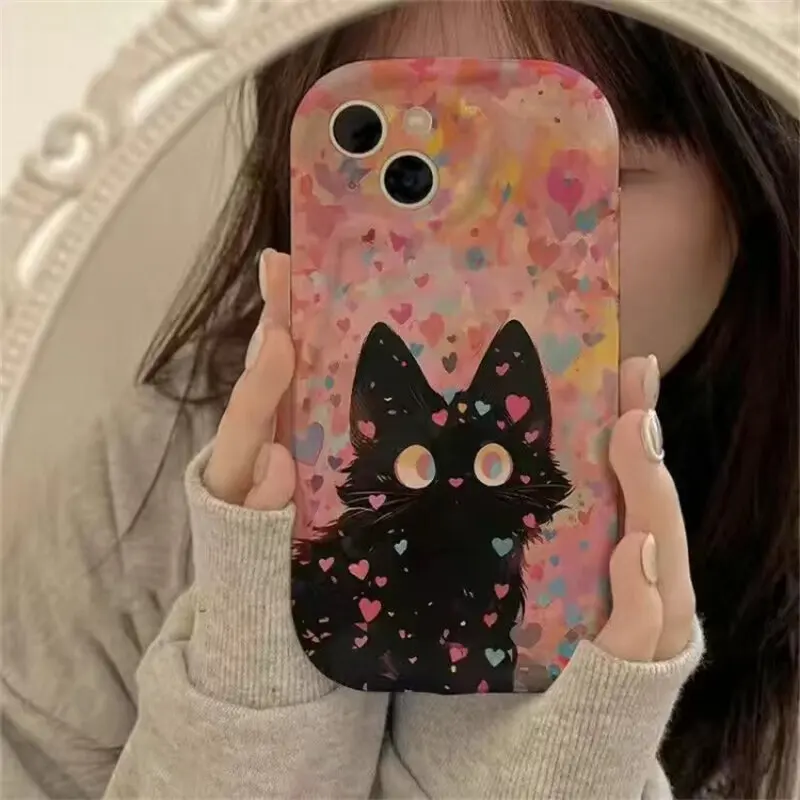 Cute Black Cat Phone Case for OPPO A17 A18 A16 A15 A38 A53 A9 A5 2020 A60 A55 A54 A57 A77 A96 A52 A92 A94 Cream Wavy Edge Cover