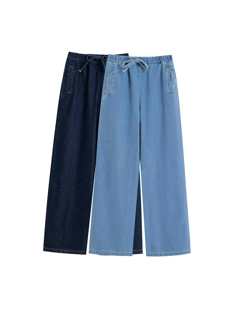 

Willshela Women Fashion Denim Solid Drawstring Wide Leg Pants Vintage High Elastic Waist Full Length Female Chic Lady Trousers