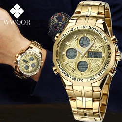 WWOOR Novo Relógio De Luxo Mens Original Quartz Relógio De Pulso Para Homens De Aço Inoxidável Impermeável Dual Display Esportes Relogio masculino