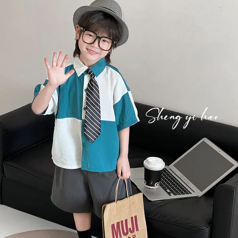 

2026 Boys Kids Two-Tone Color Block Short Sleeve Shirt Korean Style Button-Down Casual Dress Shirt For Daily School