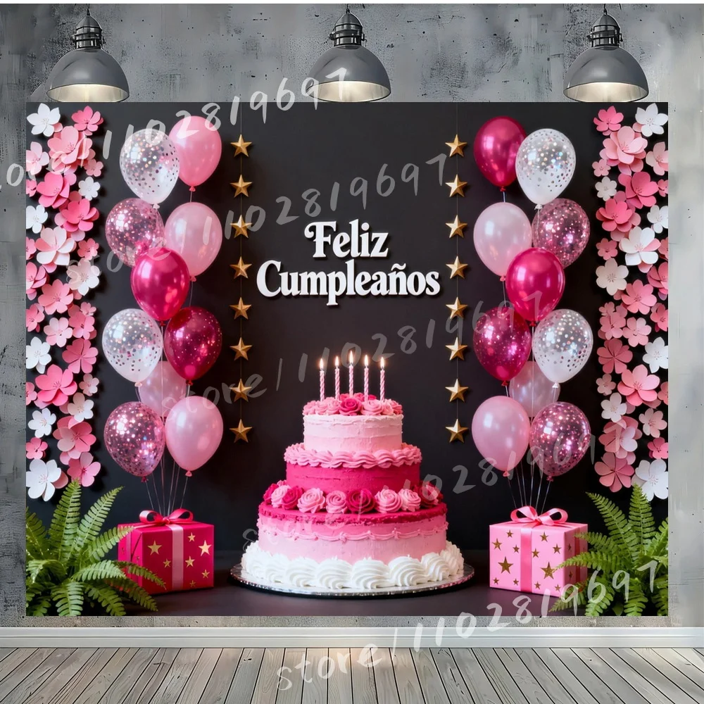 Розовый виниловый фон для вечеринки Feliz Cumpleanos с днем рождения, фон с воздушными шарами, многослойный торт, золотая фольга, бумажные цветы
